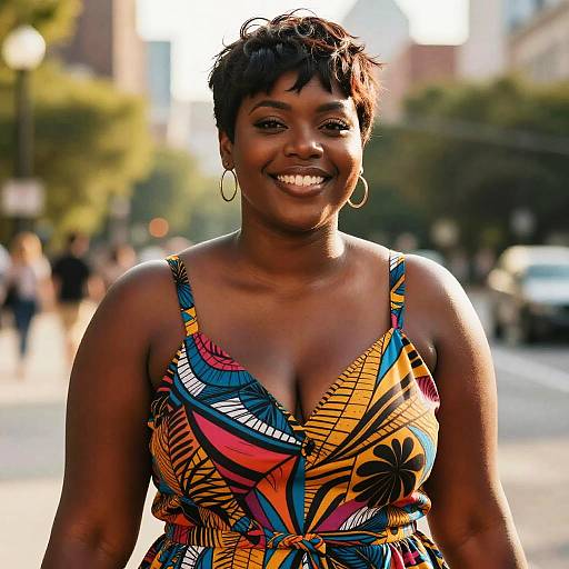 Photograph of a smiling, dark-skinned woman with short curly hair, wearing a vibrant, patterned, low-cut dress, standing on a sun