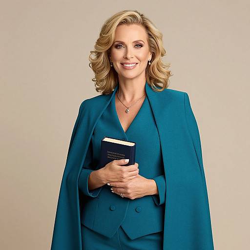 Photograph of a smiling blonde woman with wavy hair, wearing a teal blazer and holding a book, against a plain beige background.