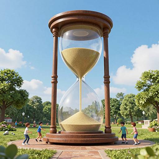 Photorealistic CGI of a giant wooden hourglass in a sunny park, with children walking around it, surrounded by green trees.