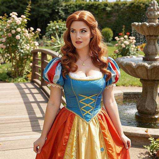 Photograph of a fair-skinned woman with red hair in a blue and yellow Disney-inspired Snow White dress, standing in a sunny garden with a fountain