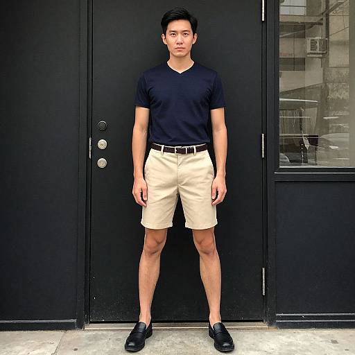 Photograph of an Asian man with short black hair, wearing a black V-neck shirt, beige shorts, black belt, and black shoes, standing in