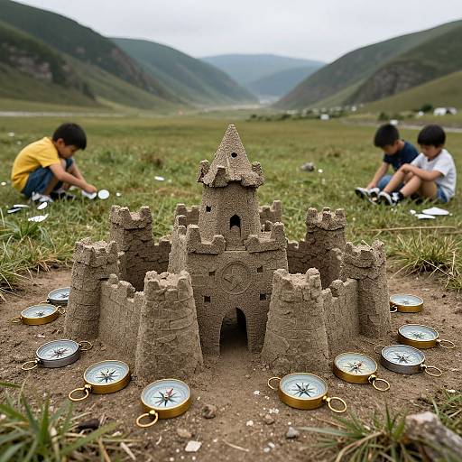 Photograph of two Asian boys building a detailed sandcastle with compasses in a mountainous grassy field, under an overcast sky.