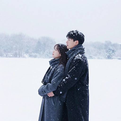 Photograph of a couple standing side by side in a snowy landscape, both wearing black winter coats, looking into the distance. Snowflakes are visible