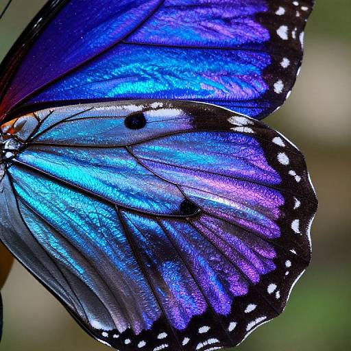 Close-up photograph of a vibrant blue and purple butterfly with black and white-spotted wings, showcasing iridescent colors and detailed textures.