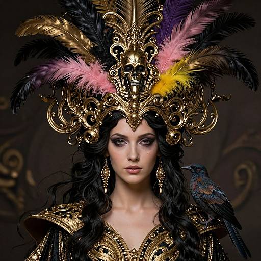 Photographic portrait of a pale-skinned woman with long black hair, wearing an elaborate gold and black feathered headdress, ornate armor, and