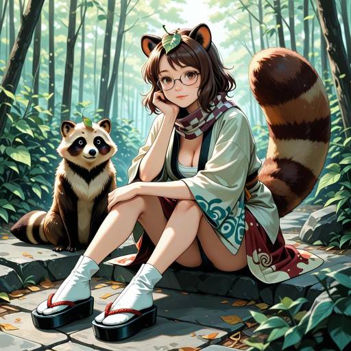Whimsical Tanuki Girl in Japanese Attire