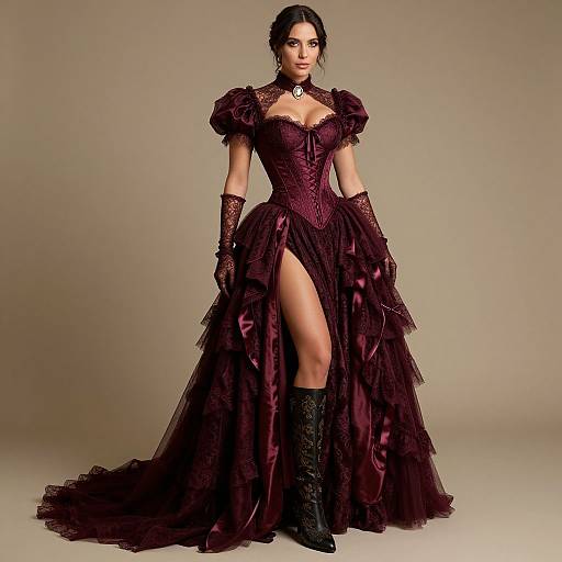 Photograph of a dark-haired woman in a Gothic-style, deep purple, corseted gown with puffed sleeves, lace gloves, high slit,