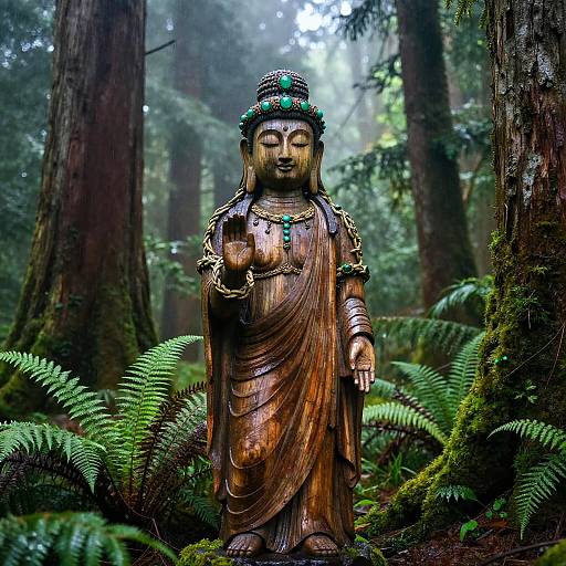 Photograph of a wooden Buddha statue with green headpiece, draped in fabric, standing in a misty, mossy forest with ferns.