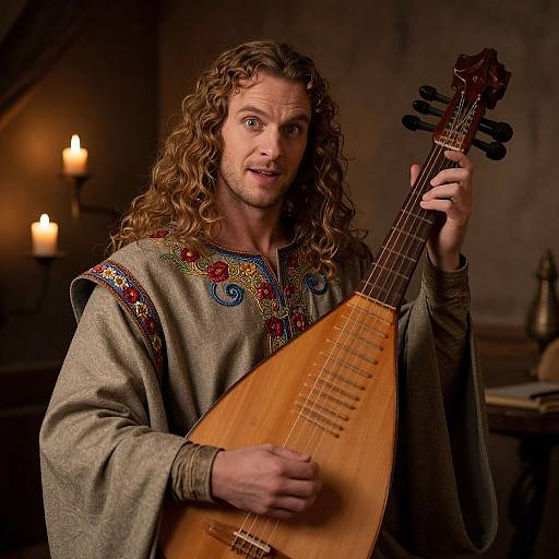 Photograph of a long-haired, fair-skinned man with curly hair, wearing a medieval-style tunic, playing a wooden lyre in a dim