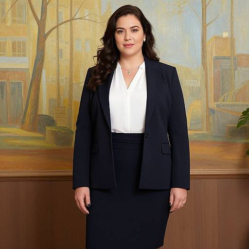 Photograph of a woman with long dark hair, wearing a black blazer, white blouse, and black skirt, standing in front of a painted city