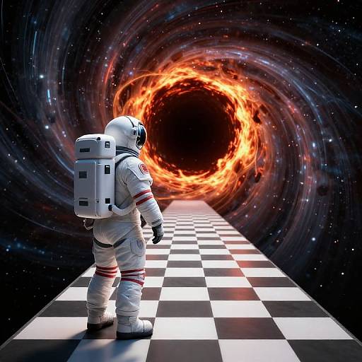 Space astronaut in white suit with oxygen tank, facing fiery black hole in swirling cosmic tunnel on checkered floor. Digital art.