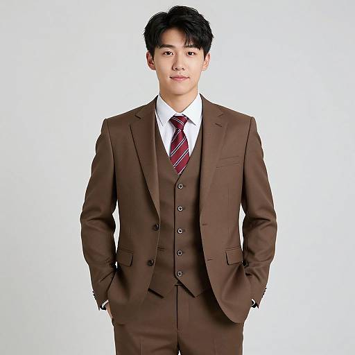 Photograph of an Asian man with short black hair, wearing a brown three-piece suit, white shirt, and red striped tie, standing against a plain