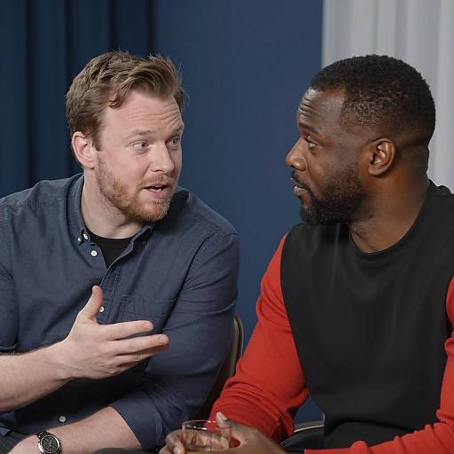 Two Men Engaged in a Conversation Indoors