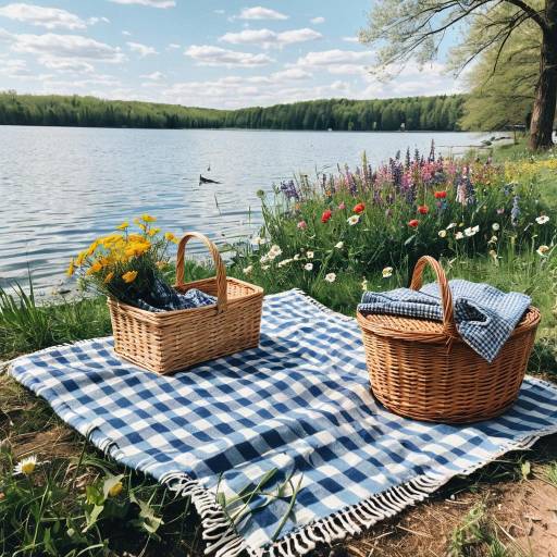 Lakeside Picnic Setup with Checkered Blanket and Wildflowers