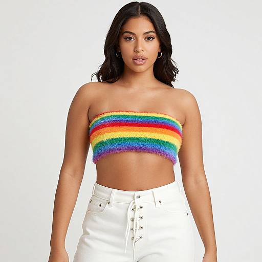 Photograph of a young woman with medium brown skin and black wavy hair, wearing a colorful rainbow strapless bandeau top and high-waisted
