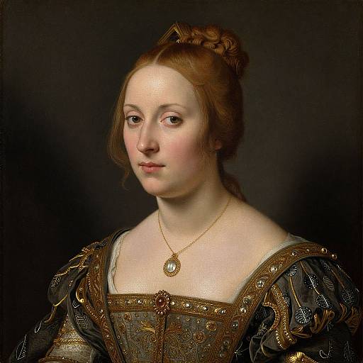Renaissance-style portrait of a fair-skinned, red-haired woman with a dignified expression, wearing an ornate gold necklace and elaborate, embroidered