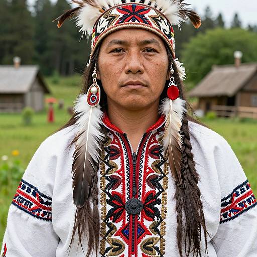 Photograph of an indigenous man with long black hair, wearing traditional white and red embroidered clothing, feathered headband, and earrings, standing in a