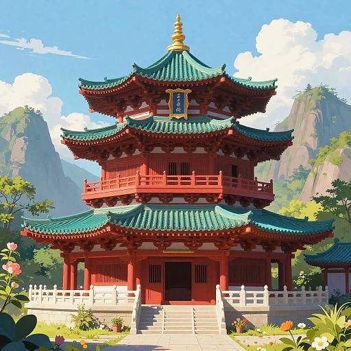 Vibrant Asian Pagoda Landscape Illustration