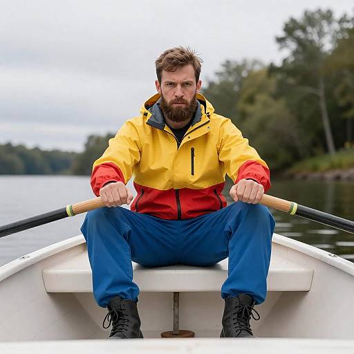 Bearded Man Rowing a Small Boat