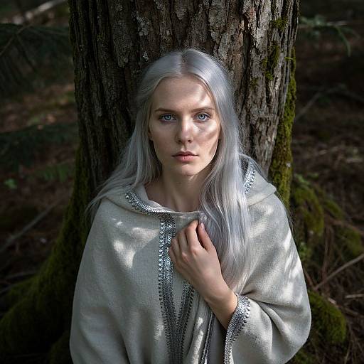 Photograph of a pale-skinned woman with long, silver hair, wearing a shimmering, silver medieval-style cloak, standing against a tree in a