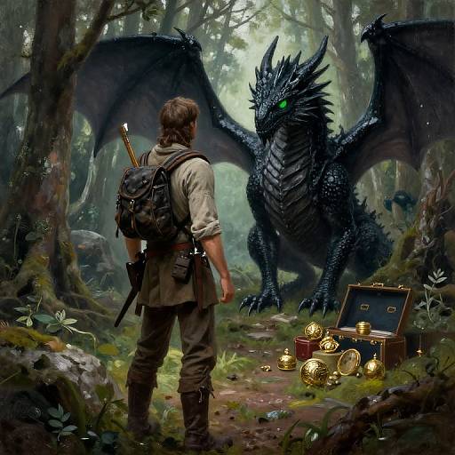 Digital fantasy artwork: Adventurer with backpack and sword stands before a massive black dragon in a forest, with treasure chest and glowing orbs on the forest floor