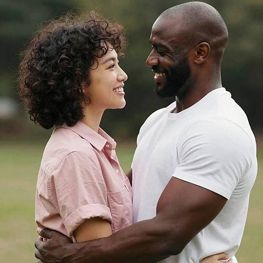 Realistic Muscular Couple Embrace Outdoor Portrait