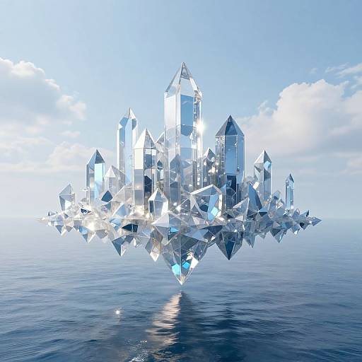 Photorealistic CGI of a floating crystal island with towering, reflective shards, set against a clear blue sky and calm sea.