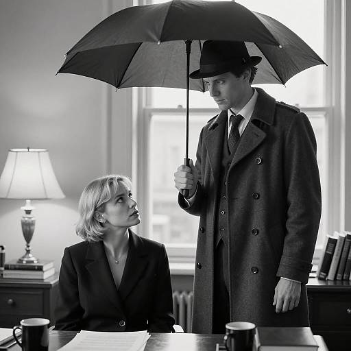 Vintage Office Scene with Man Holding Umbrella