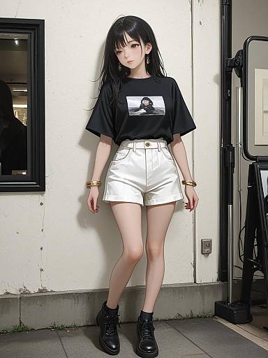 Photograph of an Asian woman with long black hair, wearing a black T-shirt with a portrait, white high-waisted shorts, black ankle boots