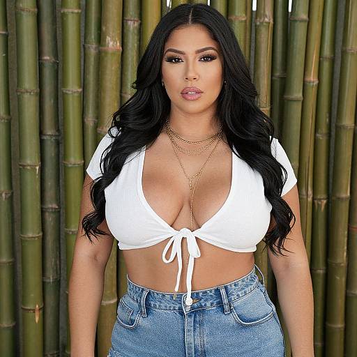 Photograph of a curvy woman with long black hair, wearing a white tied-up crop top and high-waisted blue jeans, standing in front