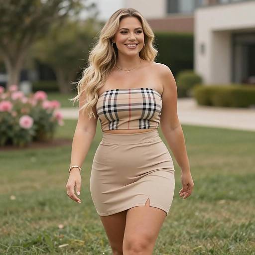Smiling Curvy Woman in Plaid Outfit