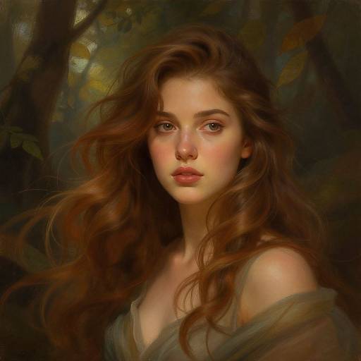 Digital painting of a beautiful, young woman with long, wavy brown hair, soft pink cheeks, and green eyes, set against a dark, forest