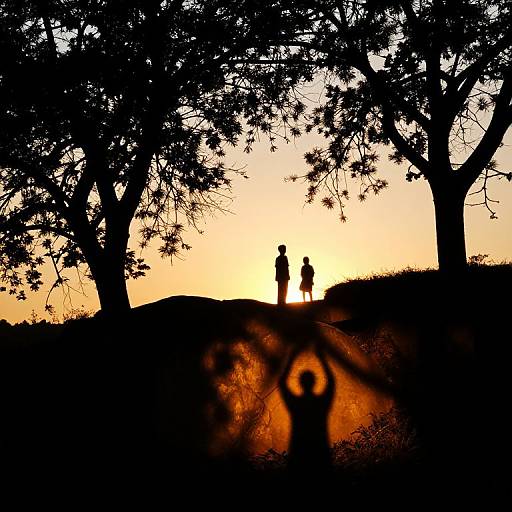 Silhouetted photograph of two people standing under a vibrant sunset, framed by large trees, with a smaller figure raising arms in the foreground.