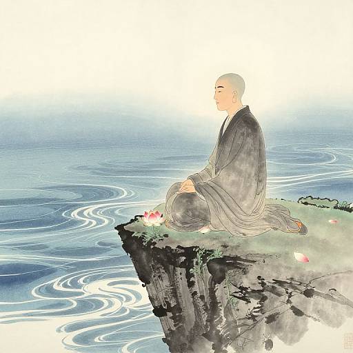 Digital illustration of a bald, fair-skinned man in a black kimono, meditating on a rocky cliff above rippling blue water.