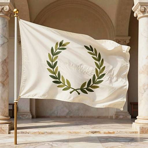 Photograph of a white flag with a green olive branch emblem, waving in a sunlit, marble-columned, arched hall.