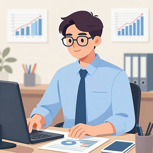 Digital illustration of a young man with black hair and glasses, wearing a light blue shirt and black tie, working on a laptop in an office. Graph