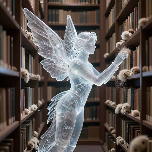 Photograph of a glowing, transparent glass angel with wings, reaching for books on dark wooden library shelves with white pom-poms.