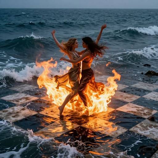 Photograph of two women dancing on a checkered tile beach, surrounded by flames, with ocean waves in the background.