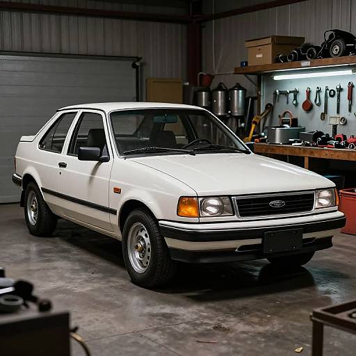 Photograph of a white, vintage Ford sedan parked in a dimly lit, cluttered garage workshop with tools and kitchenware on shelves.