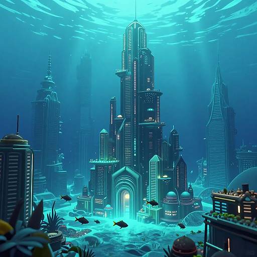 Digital artwork of a futuristic underwater cityscape with glowing skyscrapers, illuminated archways, and fish swimming beneath blue-lit structures.
