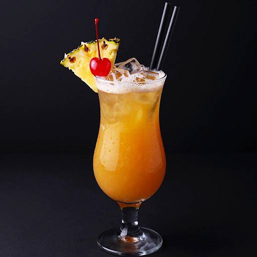 Photograph of a tropical cocktail with orange hue, ice, a pineapple wedge, cherry, and black straws against a black background.