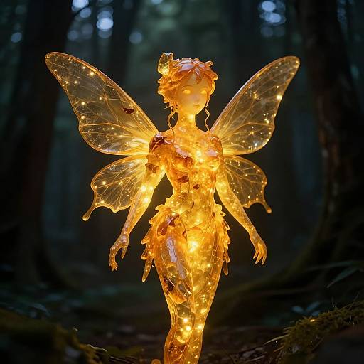 Photograph of a glowing, translucent fairy sculpture with orange lights, delicate wings, and short curly hair, standing in a dark forest.