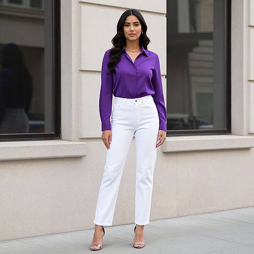 Photograph of a confident woman with long black hair, wearing a purple blouse and white high-waisted pants, standing against a building with large windows