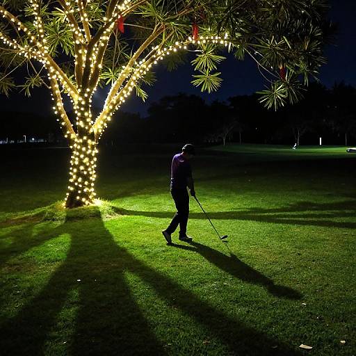 Photograph of a man playing golf at night, illuminated by a tree adorned with glowing white lights, casting long shadows on a green grass field.