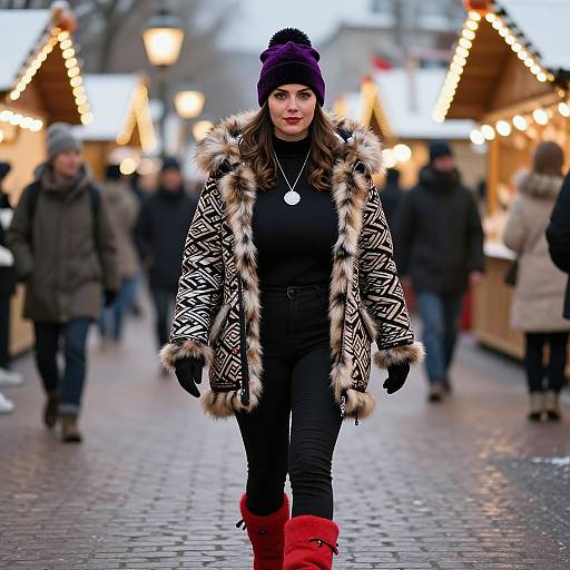 Photograph of a woman in a black patterned coat with fur trim, black top, black pants, red boots, and purple beanie, walking