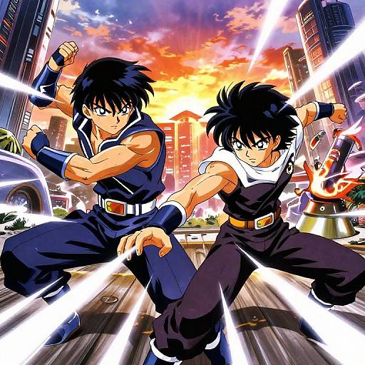 Dynamic anime-style illustration of two muscular, black-haired warriors in blue and white martial arts uniforms, fighting with energy blasts in a sunset-lit urban city