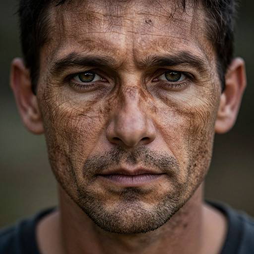 Close-up photograph of a rugged, middle-aged man with weary brown eyes, weathered skin, short dark hair, and stubble, wearing a dark