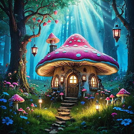 Whimsical Pink Mushroom Lantern Cottage
