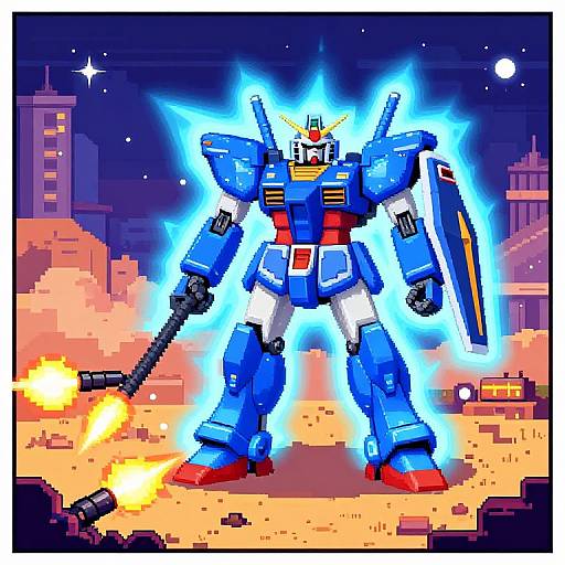 Pixel Art Blue Mech Gundam Battle