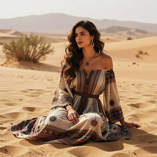 Woman in Bohemian Dress Sitting in Desert